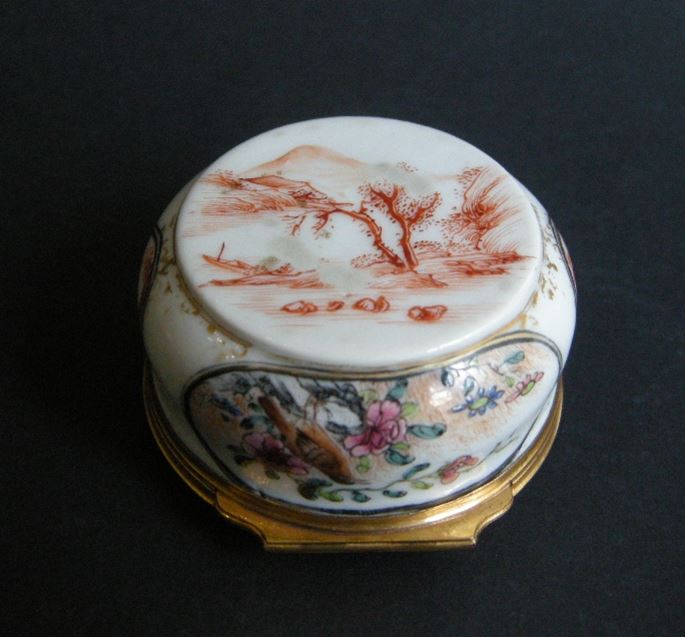 Round box porcelain  decorated with chinese scenes and flowers a birds,  gold metal mount  occidental | MasterArt